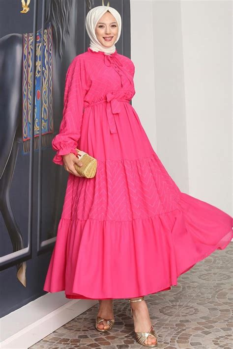 Neva Style Kat Piliseli Fuşya Tesettür Elbise 14232F Trendyol.